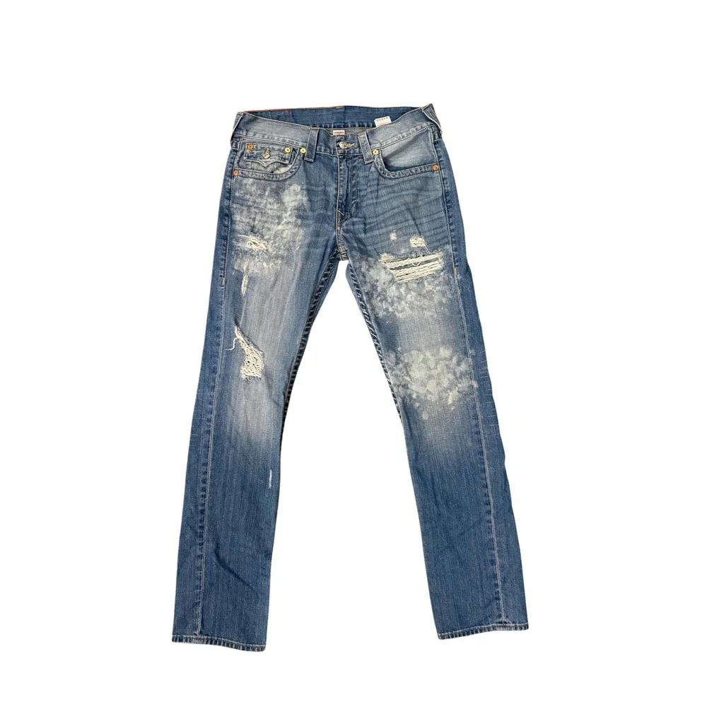 True Religion Skinny Flap Jeans Mens 33 Blue Distressed Bleached Splatter